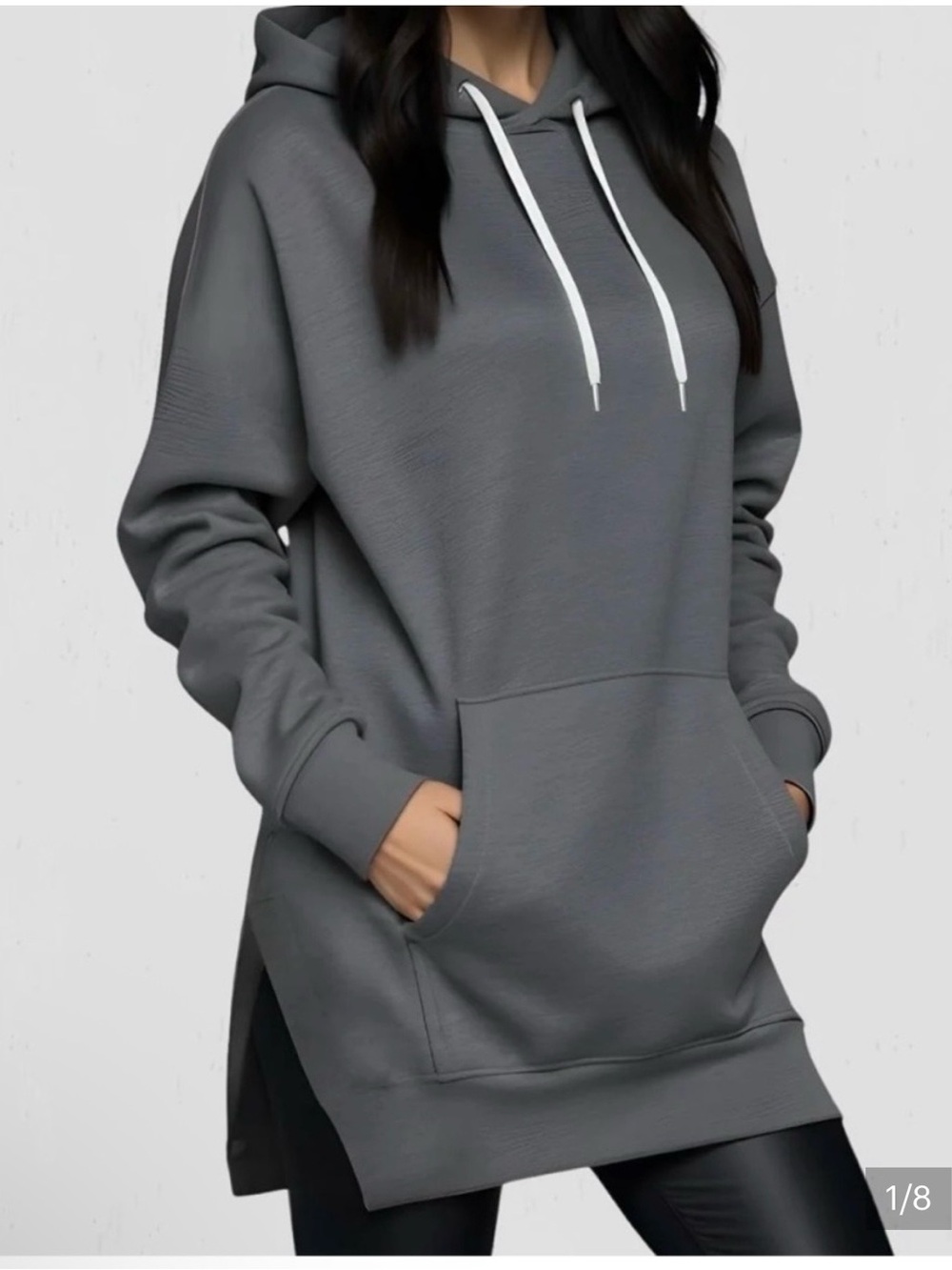 THE WARMY L NWOT DARK Gray LONG SLITS FULLY SHERPA LINED Hooded Sweatshirt
